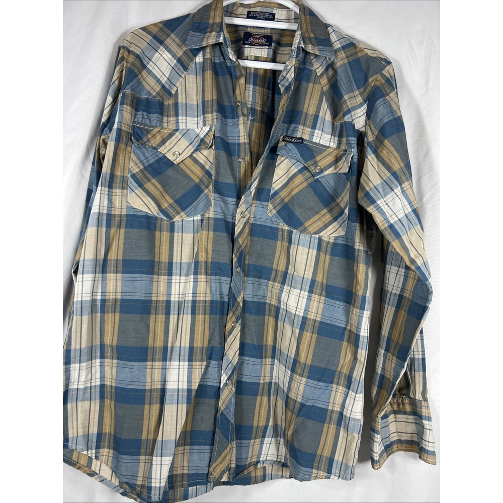Dickies Shirt Mens Medium Blue Plaid Button Up Long Sleeve Rugged
